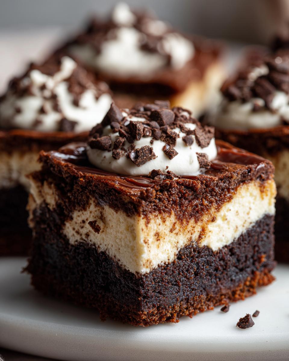 Nahaufnahme eines Stücks Brownie-Cheesecake-Bars mit einer cremigen Käseschicht und Schokoladenstückchen.