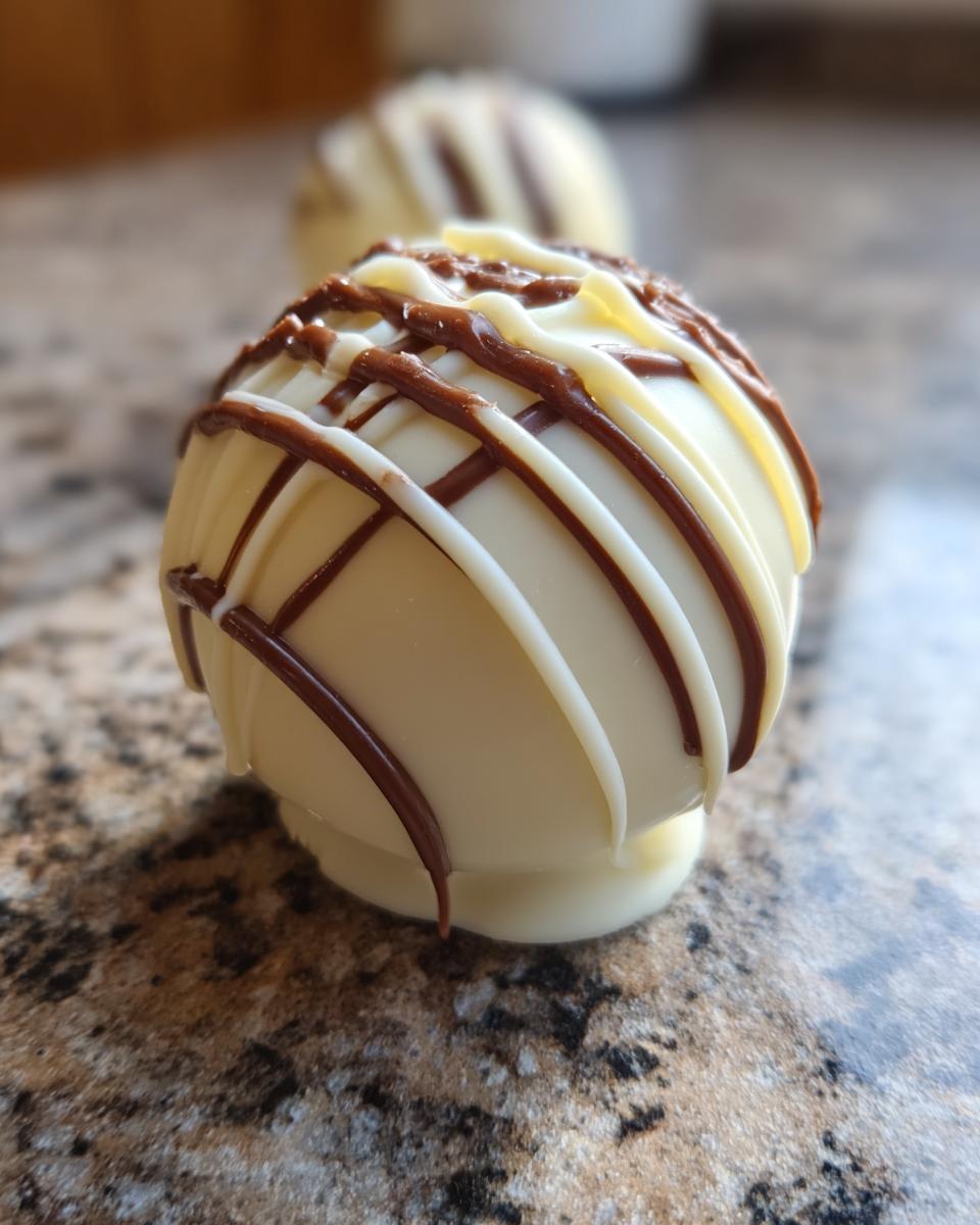 Nahaufnahme von Butterfinger Bällchen, überzogen mit weißer Schokolade und verziert mit dunkler Schokodrizzle.