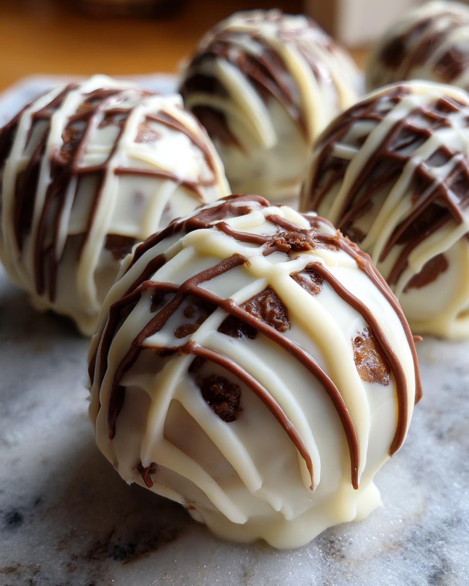 Nahaufnahme von Butterfinger Bällchen, überzogen mit weißer Schokolade und dunkler Schokodrizzle.