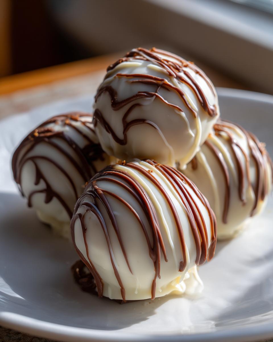 Nahaufnahme von Butterfinger Bällchen, überzogen mit weißer Schokolade und dunkler Schokodrizzle.
