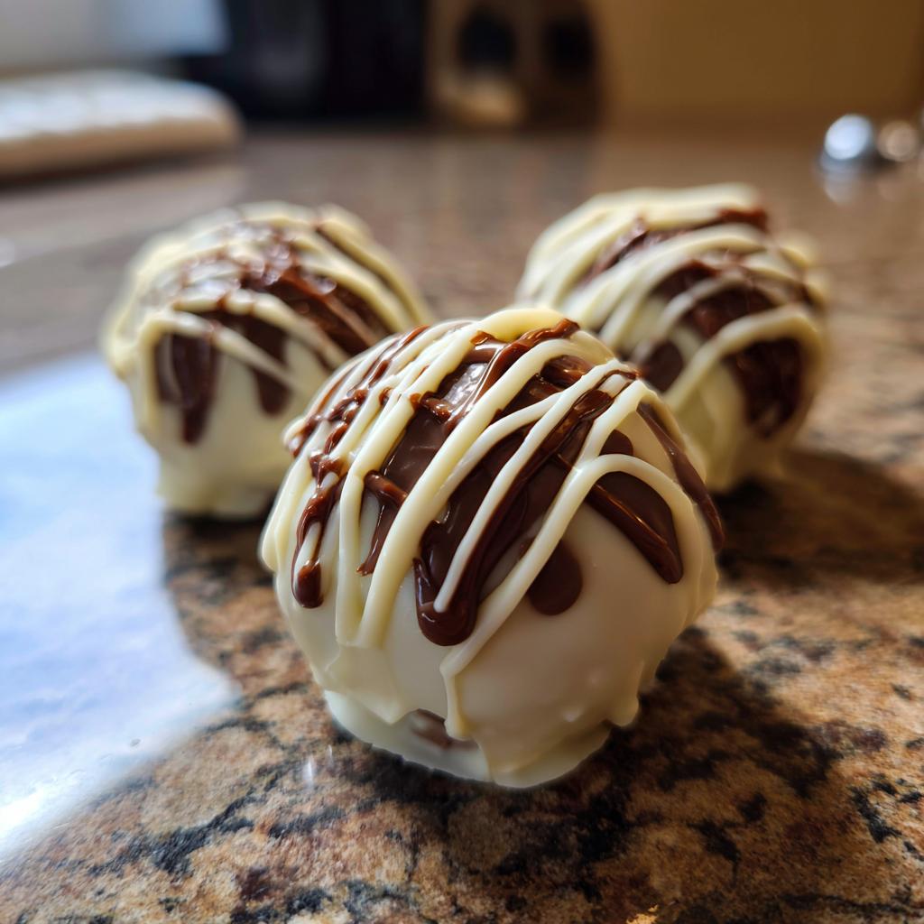 Nahaufnahme von drei Butterfinger Bällchen, überzogen mit weißer Schokolade und verziert mit dunkler Schokodrizzle.