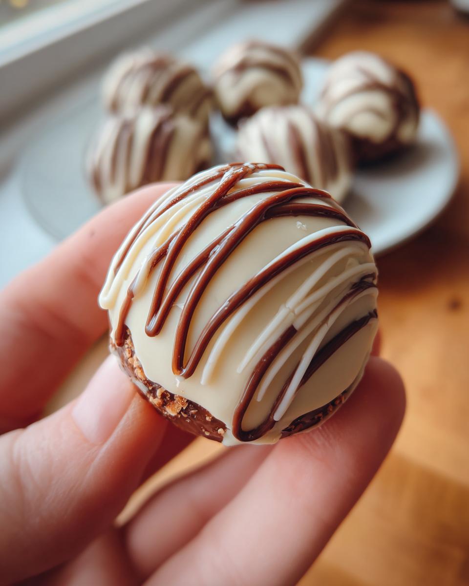 Eine Hand hält ein Butterfinger Bällchen, überzogen mit weißer und dunkler Schokolade.