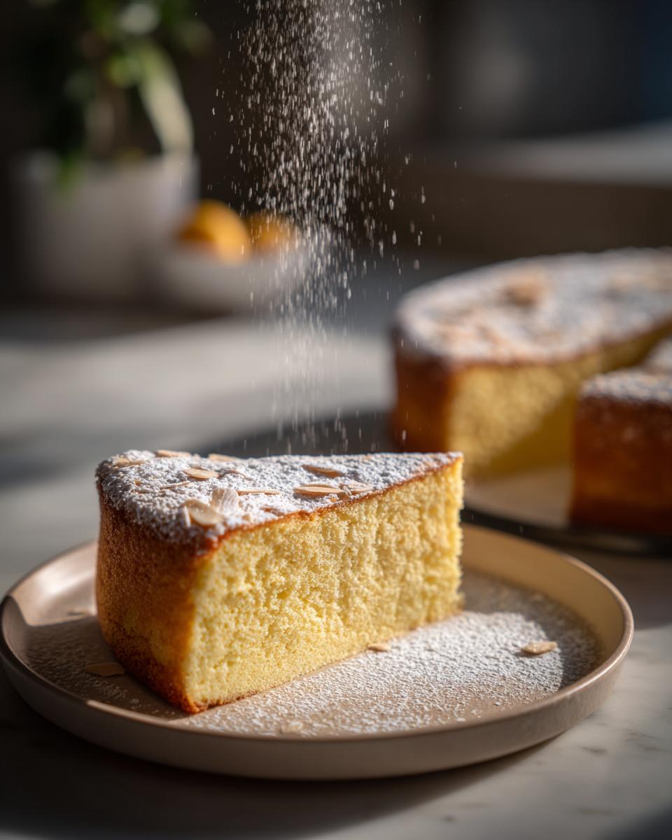 Ein saftiges Stück Butterkuchen mit Vanille und Mandeln wird mit Puderzucker bestäubt.