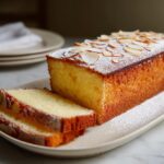 Ein saftiger Butterkuchen mit Vanille und Mandeln, bestäubt mit Puderzucker, auf einem Teller.