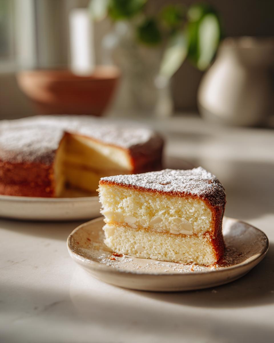 Ein Stück saftiger Butterkuchen mit Vanille und Mandeln, bestäubt mit Puderzucker.