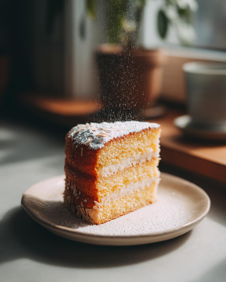 Ein saftiges Stück Butterkuchen mit Vanillecreme und Mandeln, bestäubt mit Puderzucker.