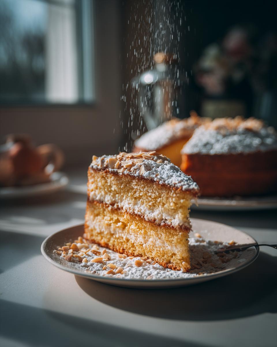 Ein saftiges Stück Butterkuchen mit Vanille und Mandeln, bestäubt mit Puderzucker.