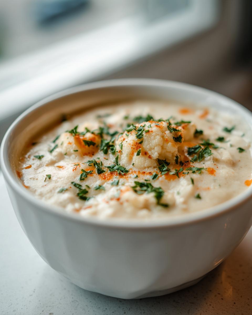 Eine Schüssel mit cremiger Blumenkohlsuppe mit Cheddar, garniert mit Petersilie und Paprikapulver.