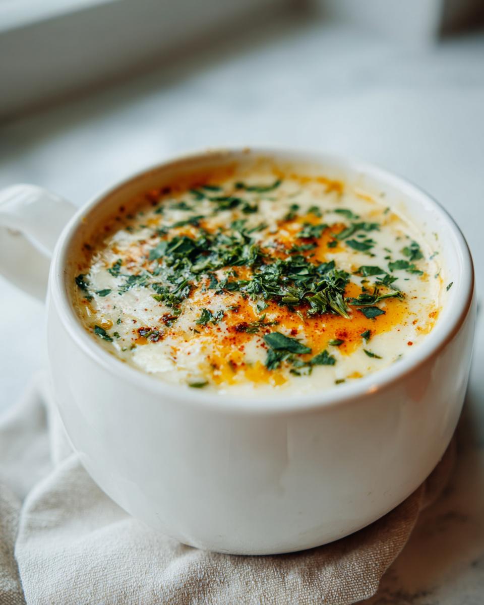 Eine Schüssel cremiger Blumenkohlsuppe mit Cheddar, garniert mit frischer Petersilie und Paprikapulver.