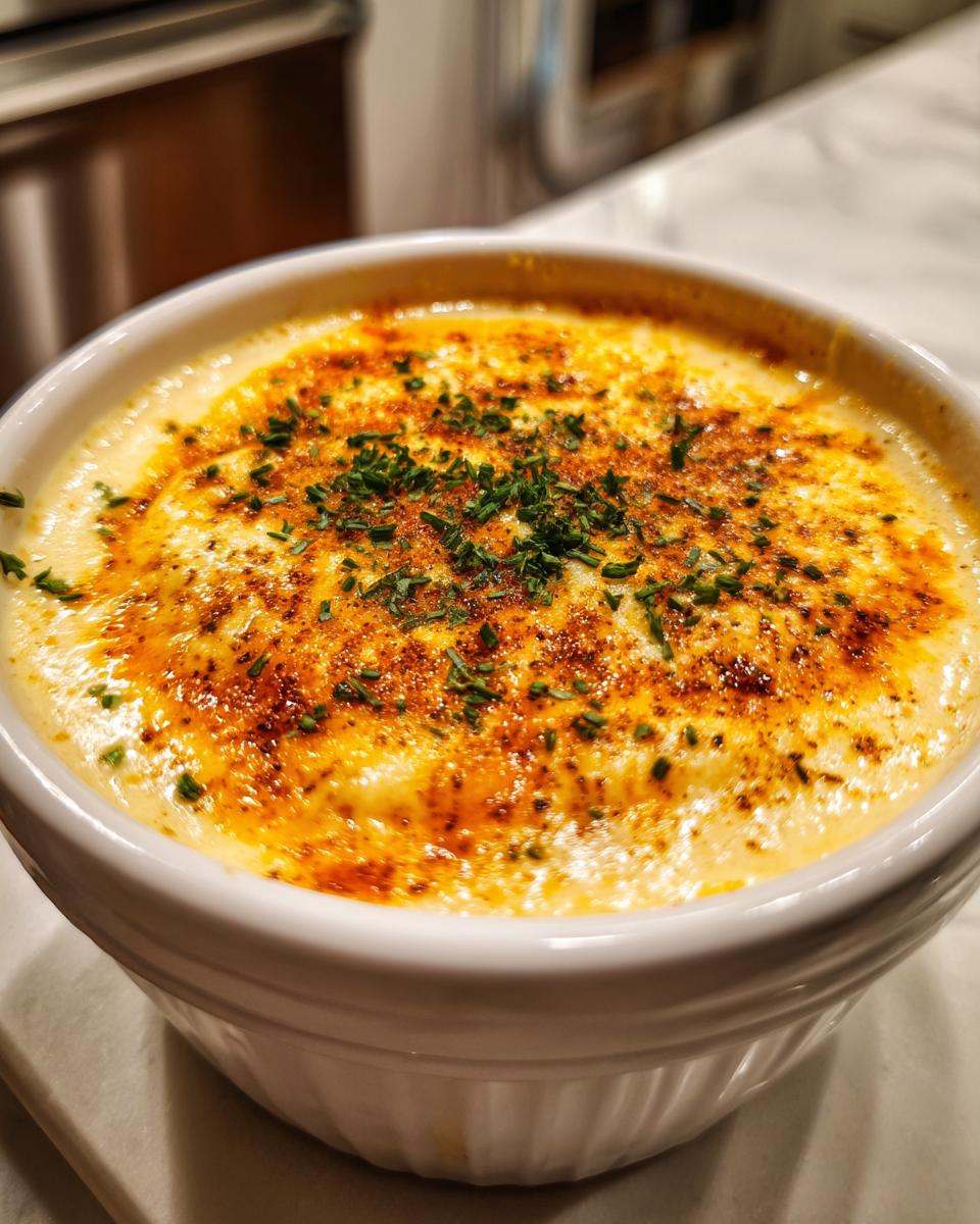 Eine Schüssel mit cremiger Blumenkohlsuppe mit Cheddar, bestreut mit Schnittlauch und Paprikapulver.