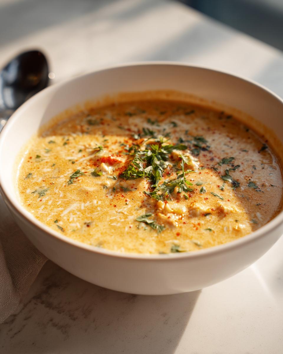 Eine Schüssel mit cremiger Blumenkohlsuppe mit Cheddar, garniert mit Petersilie und Paprikapulver.