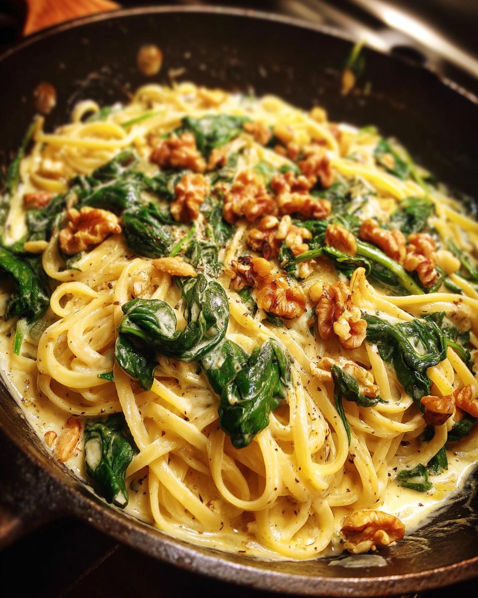 Nahaufnahme einer dampfenden Schüssel mit cremiger Gorgonzola-Pasta, garniert mit frischem Spinat und knackigen Walnüssen.