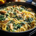 Nahaufnahme einer Pfanne mit cremiger Hähnchen-Alfredo-Pasta und Spinat, garniert mit schwarzem Pfeffer.