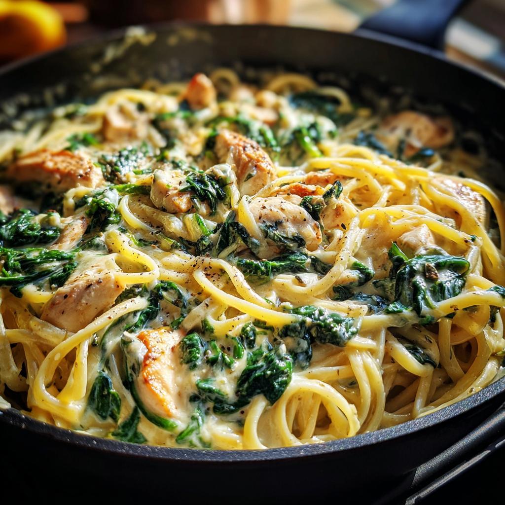 Nahaufnahme einer Pfanne mit cremiger Hähnchen-Alfredo-Pasta und Spinat, garniert mit schwarzem Pfeffer.