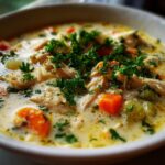 Eine Schüssel mit cremiger Hühnersuppe, garniert mit Petersilie, Karotten und Hühnerfleisch.
