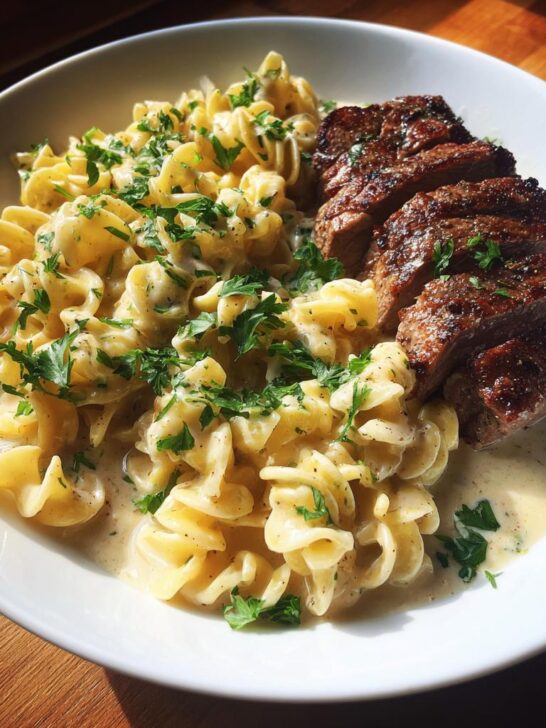 Teller mit Cremiger Knoblauch-Parmesan-Steakpasta, garniert mit frischer Petersilie und saftigen Steakstreifen.
