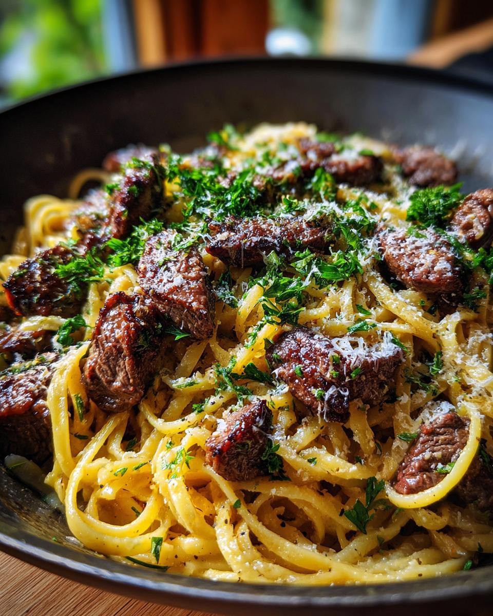 Nahaufnahme einer dampfenden Schüssel mit cremiger Knoblauch-Parmesan-Steakpasta, garniert mit frischer Petersilie und Parmesanspänen.