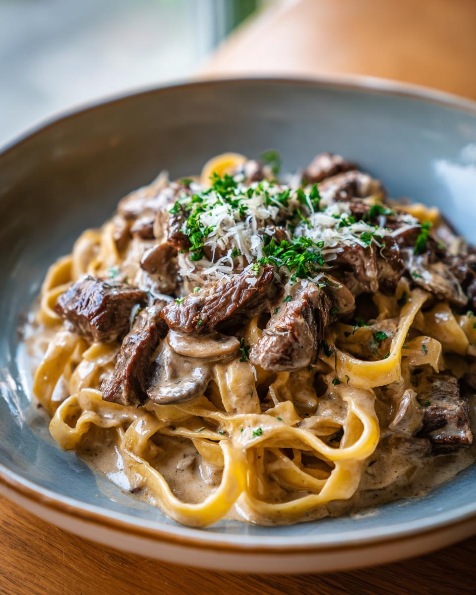 Nahaufnahme einer Schüssel mit cremiger Pilzrahm-Pasta und zarten Rinderstreifen, garniert mit Parmesan und Petersilie.