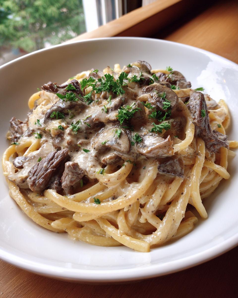 Nahaufnahme einer cremigen Pilzrahm-Pasta mit zarten Rinderstreifen, garniert mit Petersilie.