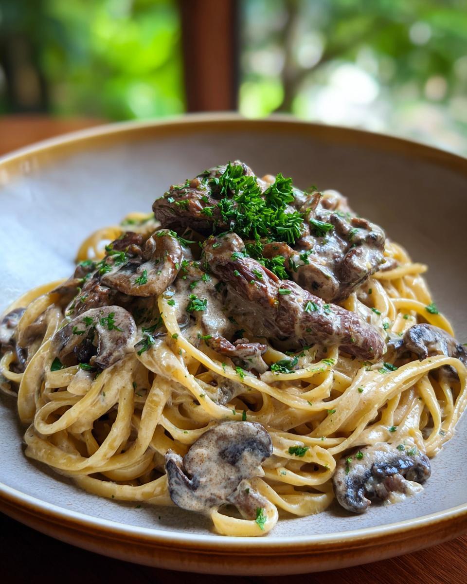 Nahaufnahme einer dampfenden Schüssel Cremige Pilzrahm-Pasta mit Rinderstreifen, garniert mit frischer Petersilie.