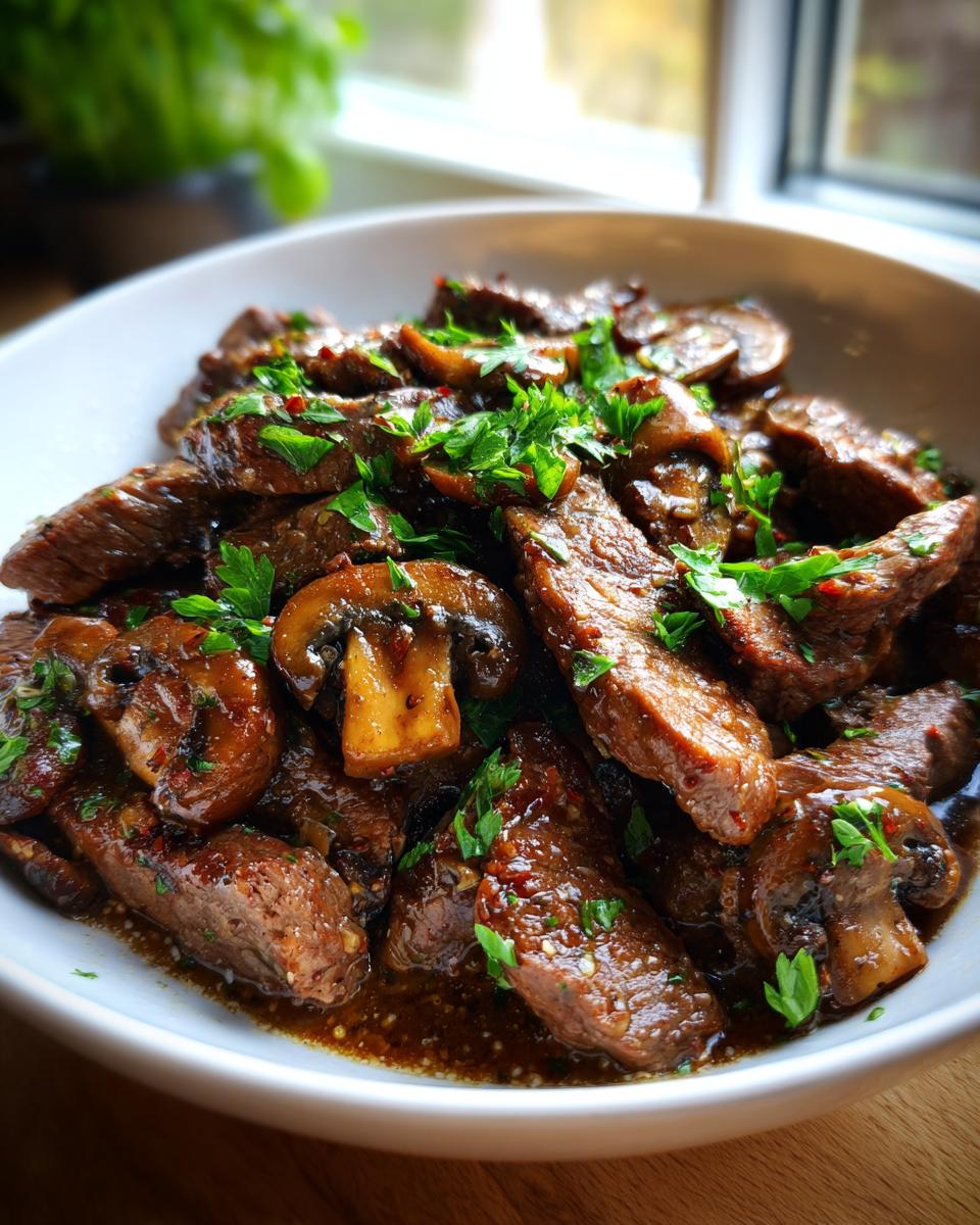 Nahaufnahme einer Cremigen Rinderrahm-Pfanne mit Pilzen, garniert mit frischer Petersilie.