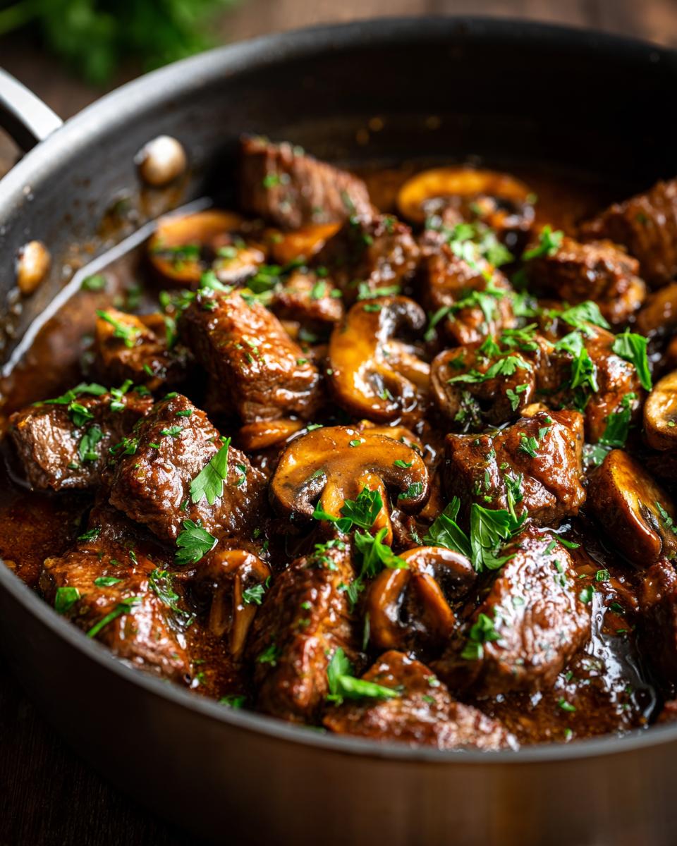 Nahaufnahme einer dampfenden cremigen Rinderrahm-Pfanne mit zarten Rinderstücken und frischen Champignons, garniert mit Petersilie.