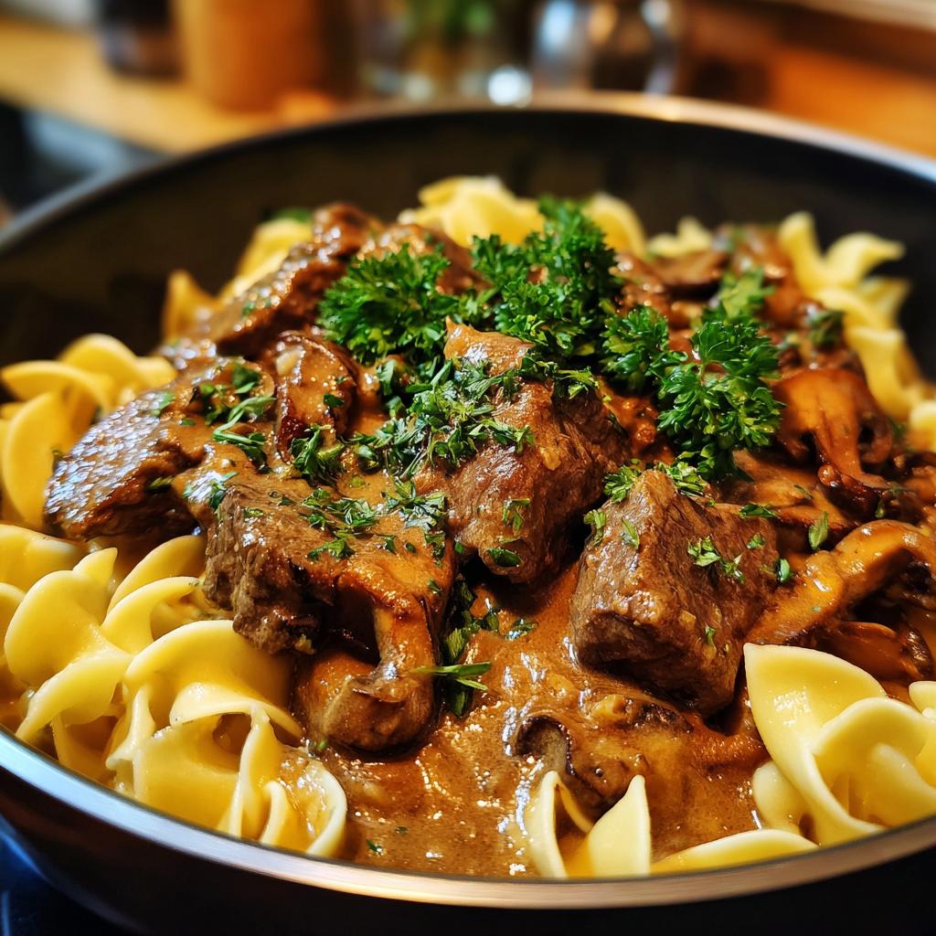 Nahaufnahme einer cremigen Rinderrahm-Pfanne mit Pilzen, serviert auf breiten Bandnudeln und garniert mit frischer Petersilie.