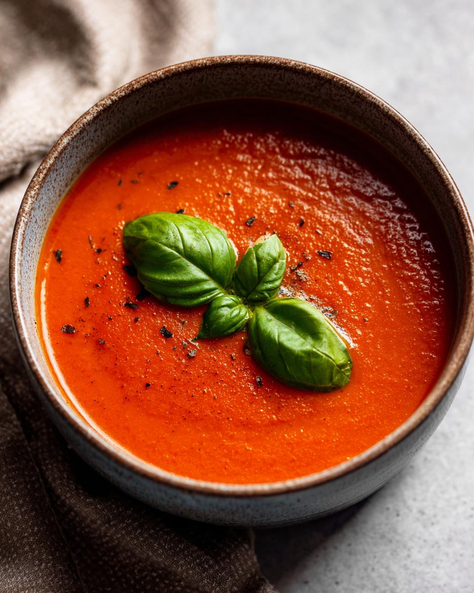 Eine Schüssel mit cremiger Tomatensuppe, garniert mit frischem Basilikum und schwarzem Pfeffer.