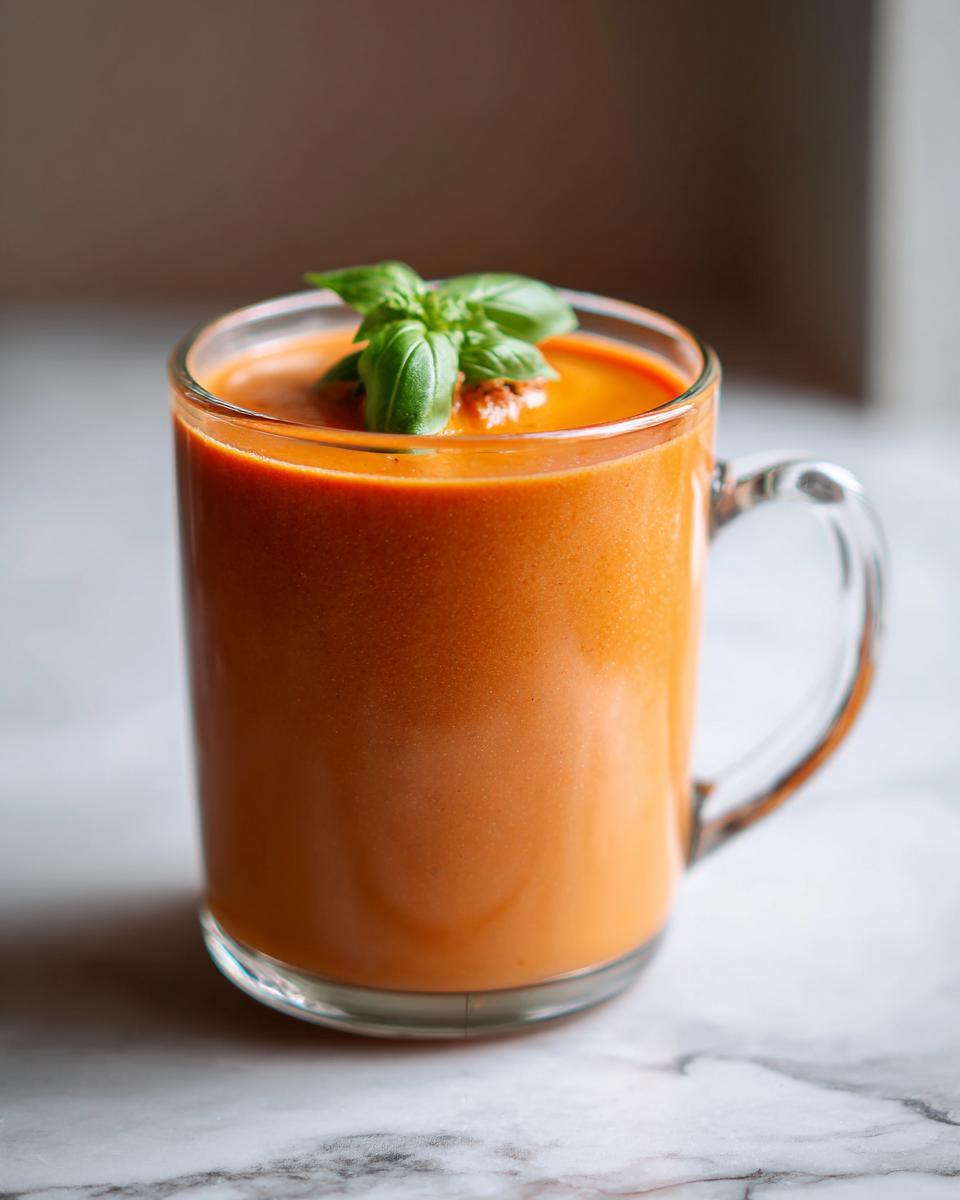 Eine Tasse cremige Tomatensuppe wie aus Kindertagen, garniert mit einem Basilikumblatt und einem Klecks Tomatenpüree.