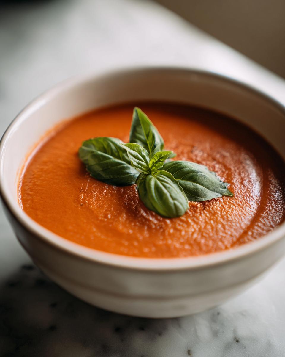Eine Schüssel mit cremiger Tomatensuppe, garniert mit frischen Basilikumblättern.