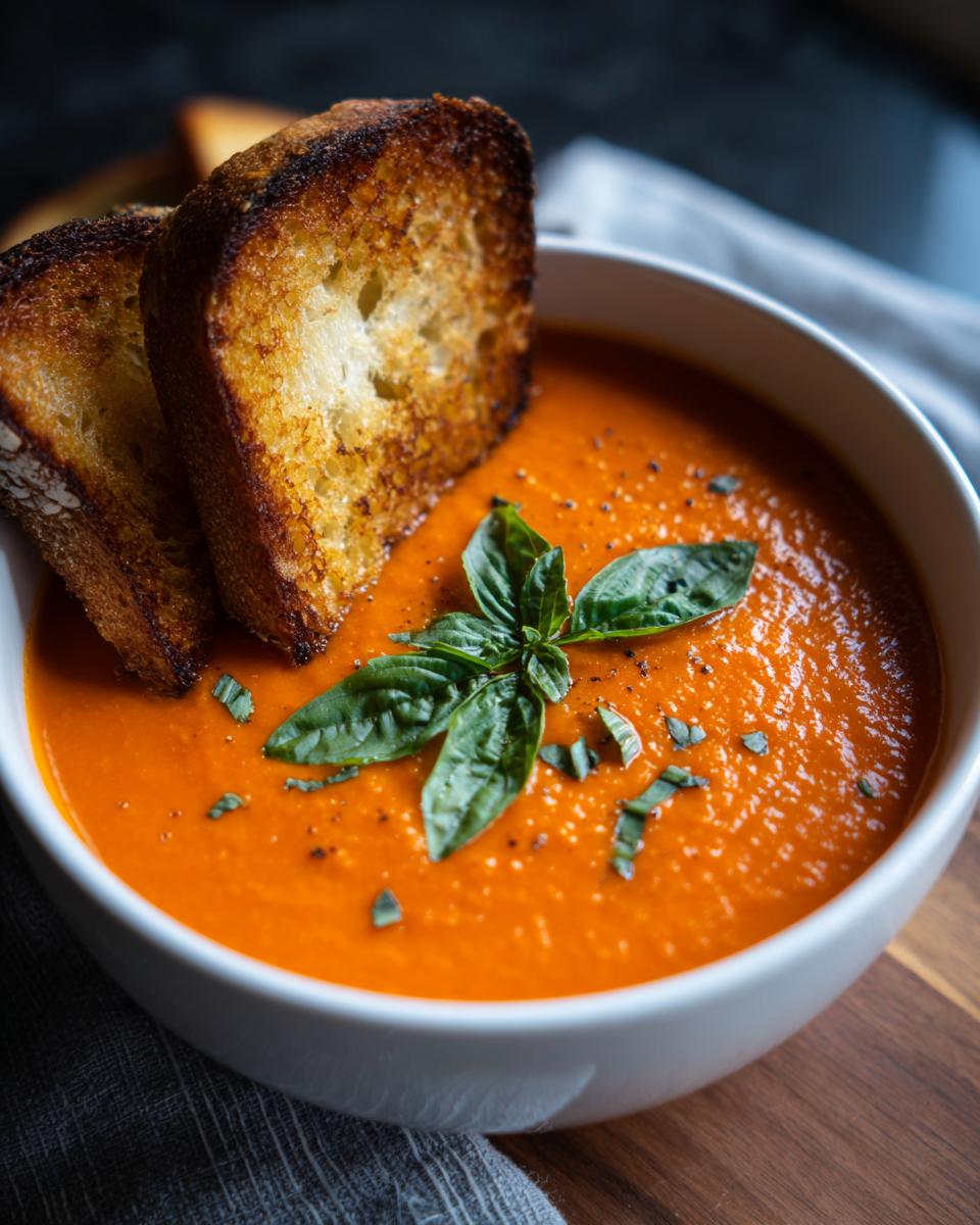 Eine Schüssel mit cremiger Tomatensuppe, garniert mit Basilikum und zwei Scheiben knusprig geröstetem Brot.
