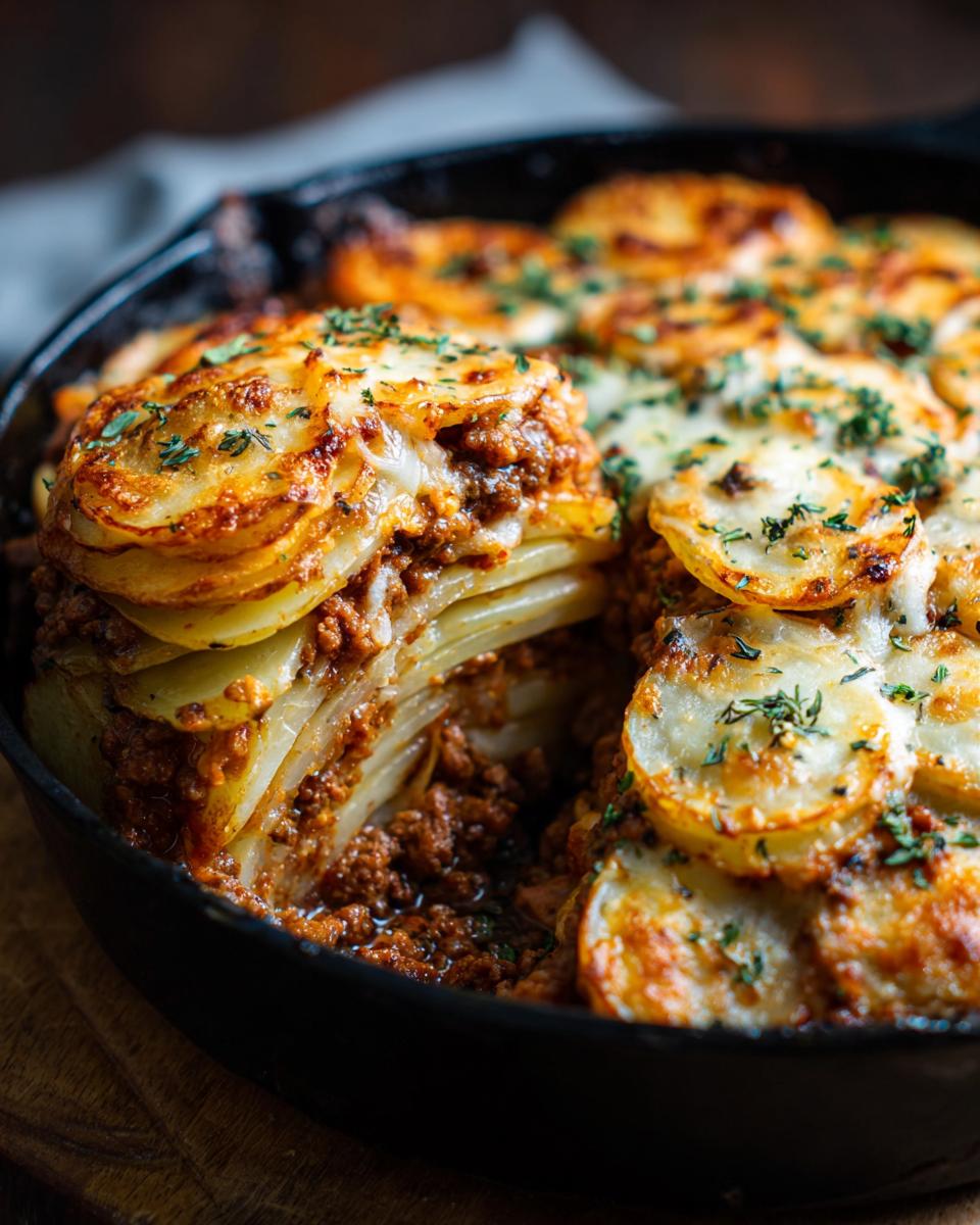 Ein Anschnitt von cremigem Hackauflauf mit Kartoffeln, Käse und Hackfleisch in einer gusseisernen Pfanne.