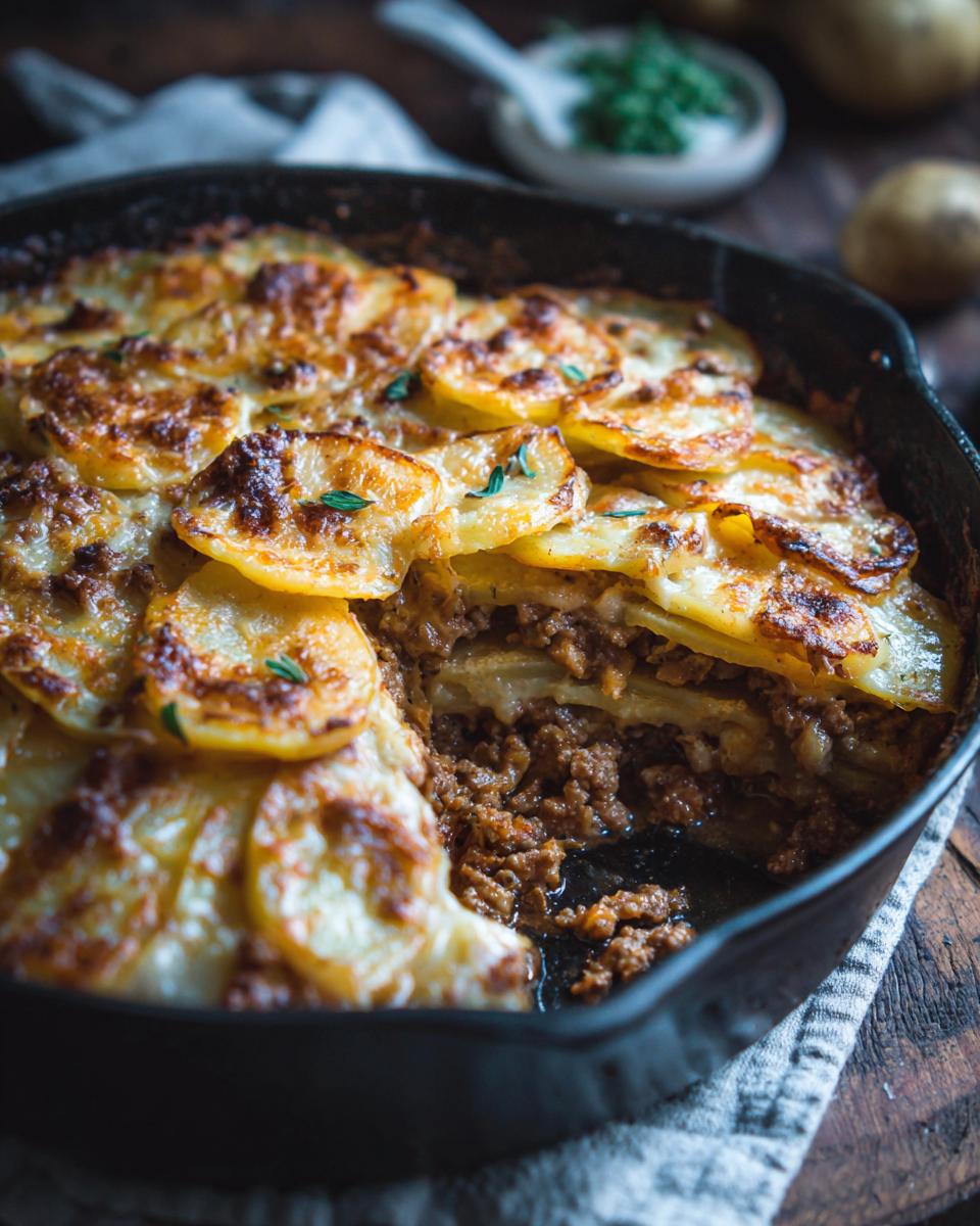 Nahaufnahme eines cremigen Hackauflaufs mit Kartoffeln, goldbraun gebacken in einer Gusseisenpfanne.