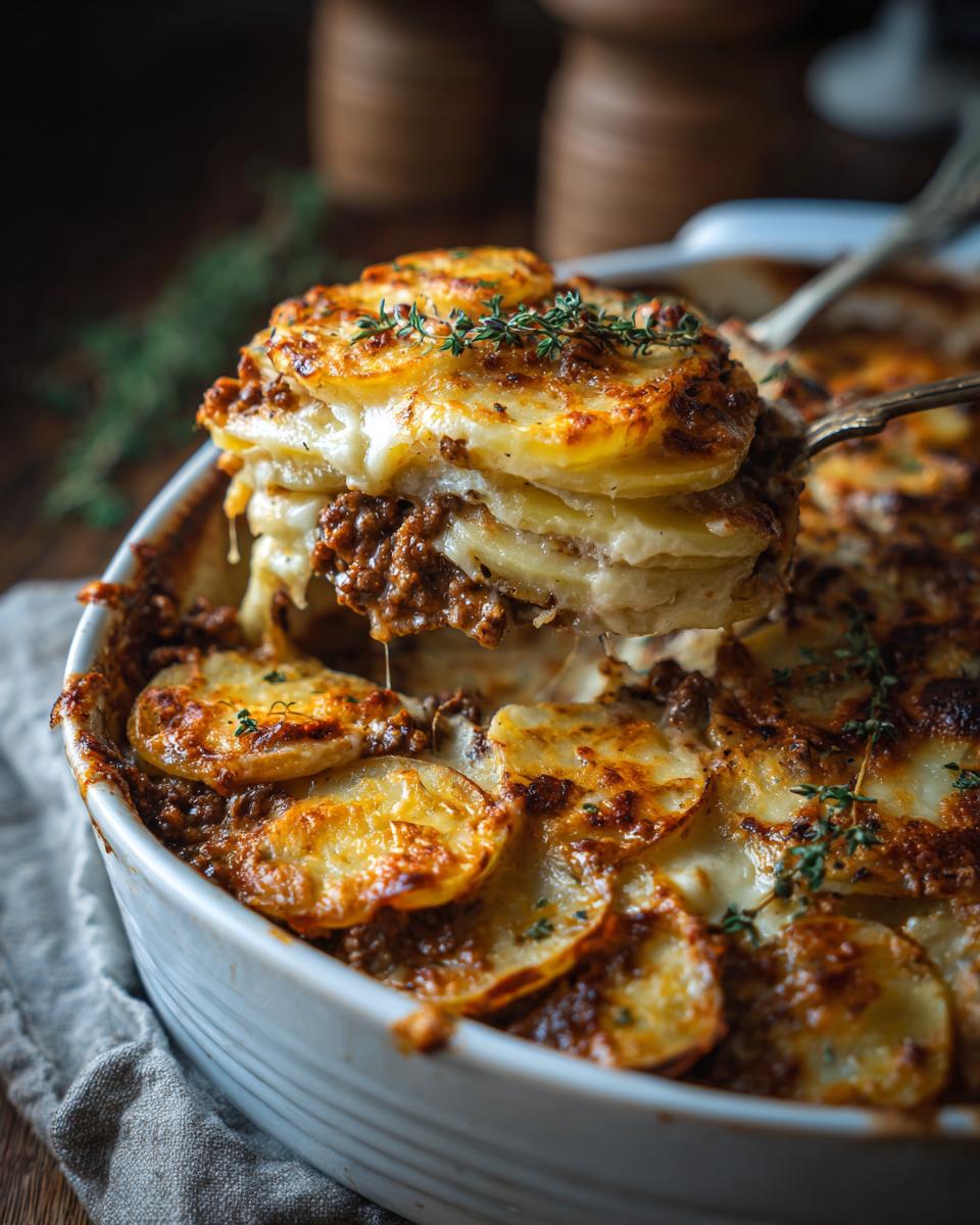 Nahaufnahme eines Stücks cremigen Hackauflaufs mit Kartoffeln, das aus einer Auflaufform gehoben wird.