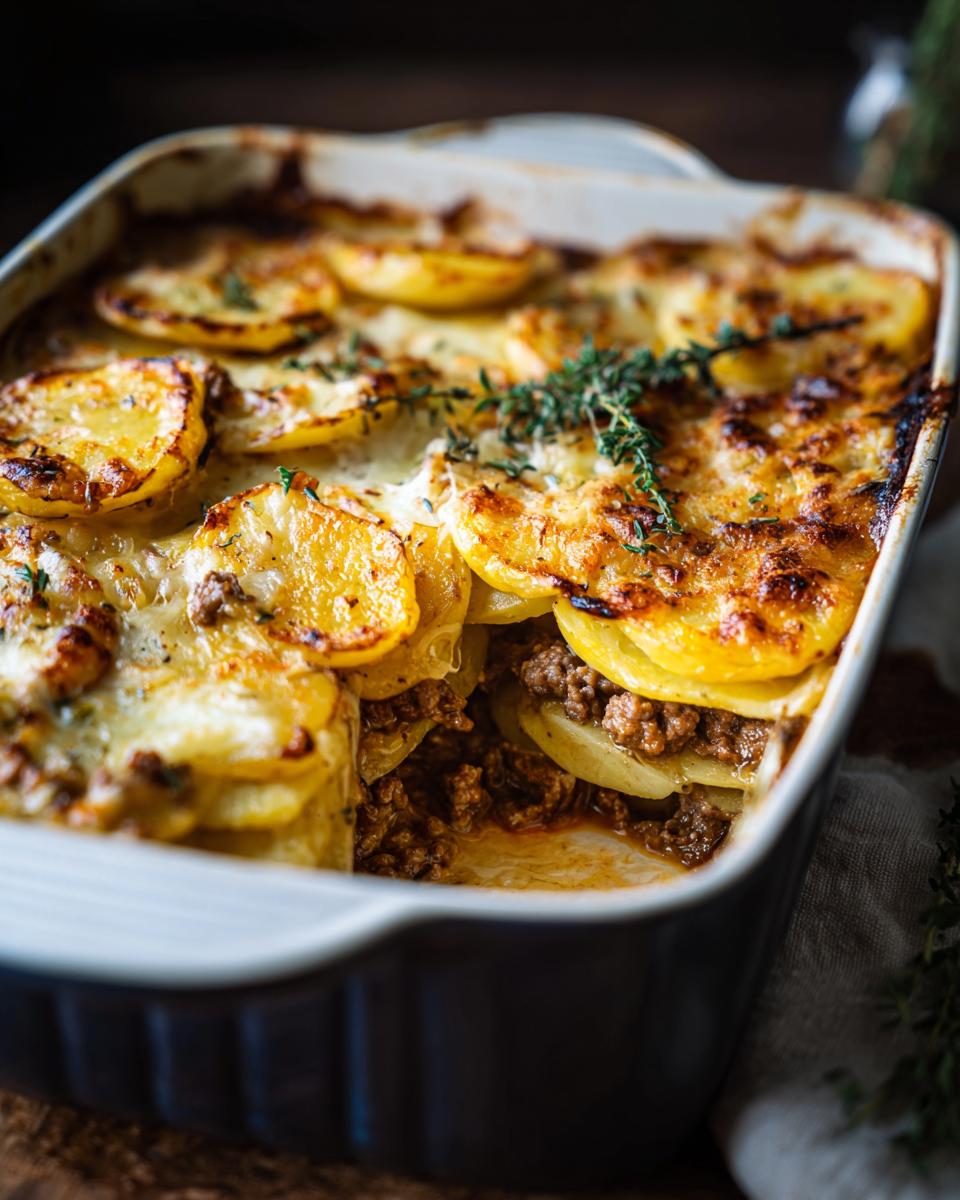 Nahaufnahme eines cremigen Hackauflaufs mit Kartoffeln, goldbraun gebacken und mit frischem Thymian garniert.