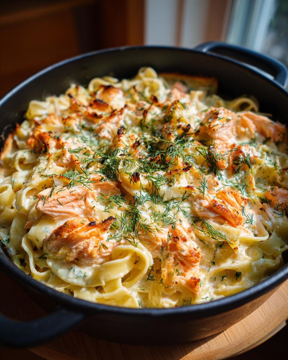 Cremiger Lachsauflauf mit Bandnudeln und frischem Dill garniert, serviert in einer schwarzen Auflaufform.