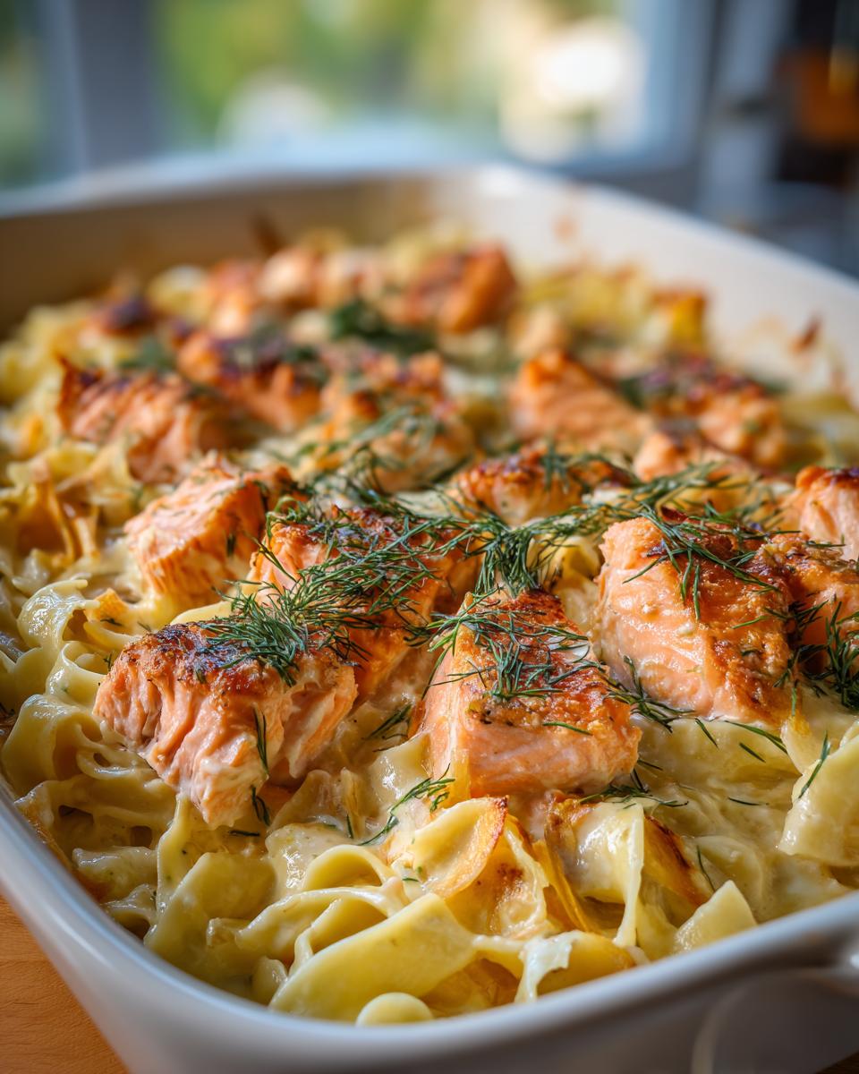 Nahaufnahme eines cremigen Lachsauflaufs mit Bandnudeln, garniert mit frischem Dill.