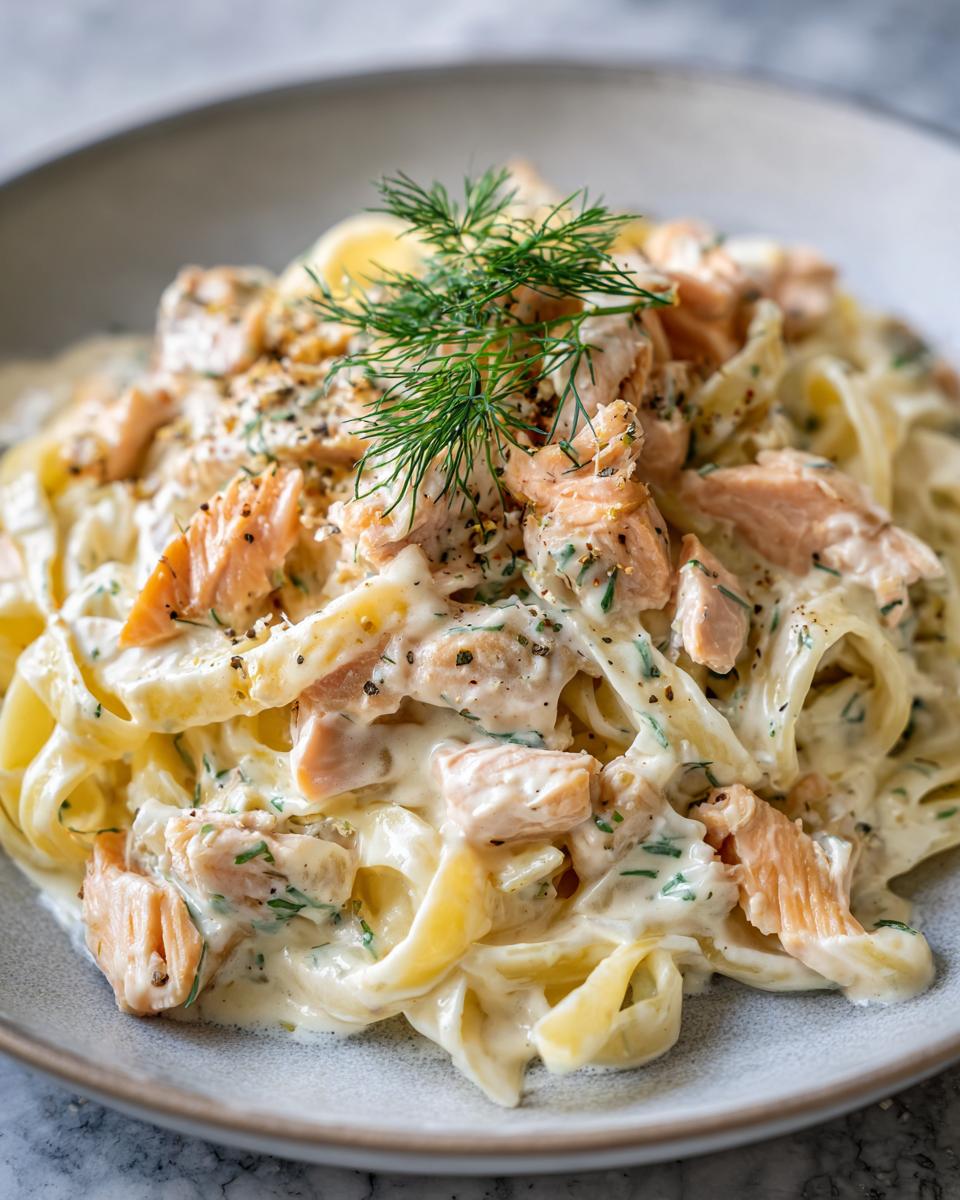 Nahaufnahme eines cremigen Lachsauflaufs mit Bandnudeln, garniert mit frischem Dill und schwarzem Pfeffer.