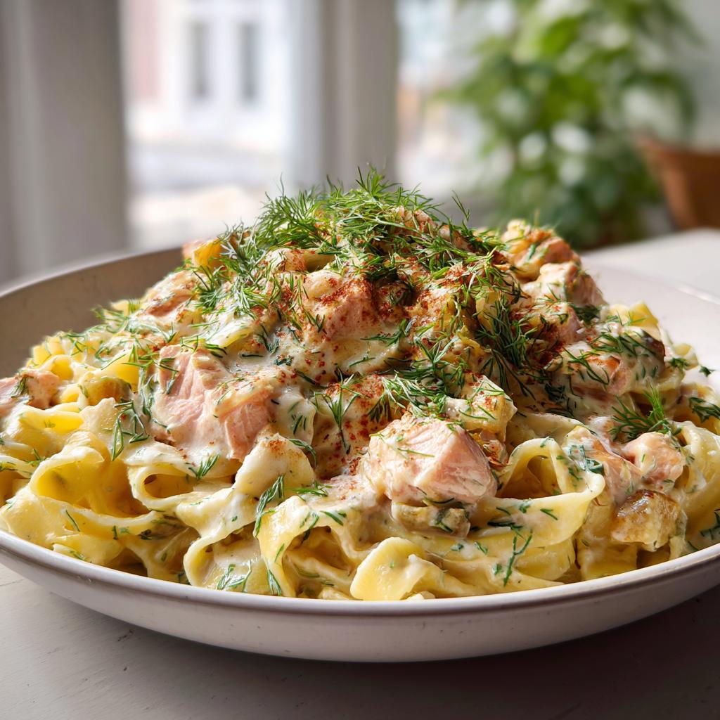 Cremiger Lachsauflauf mit Bandnudeln, garniert mit frischem Dill und Paprikapulver.