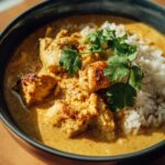 Eine Schüssel mit cremiger Curry-Kokos-Suppe mit Hähnchenstücken und weißem Reis, garniert mit frischem Koriander.