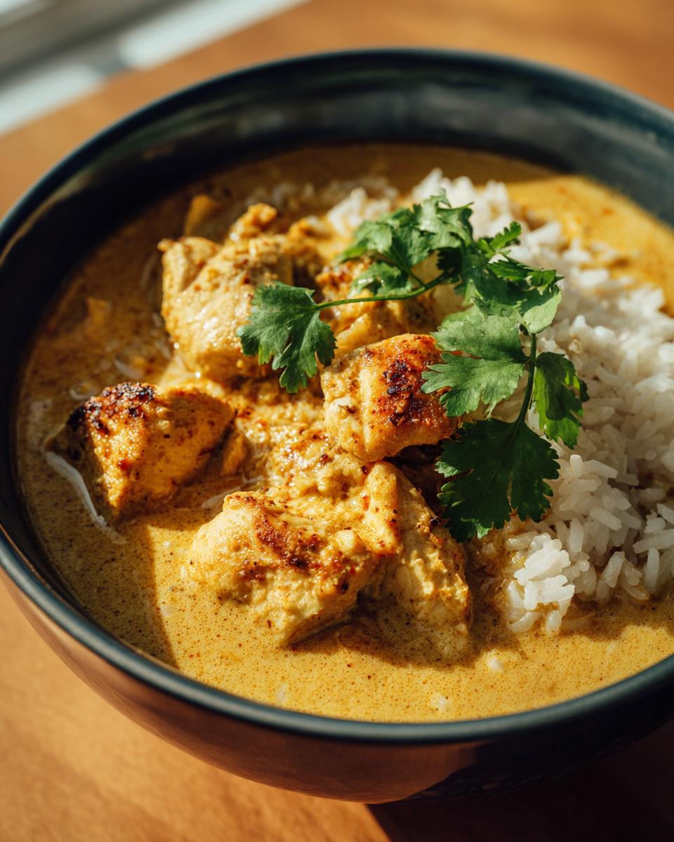 Eine Schüssel mit cremiger Curry-Kokos-Suppe mit Hähnchenstücken und weißem Reis, garniert mit frischem Koriander.