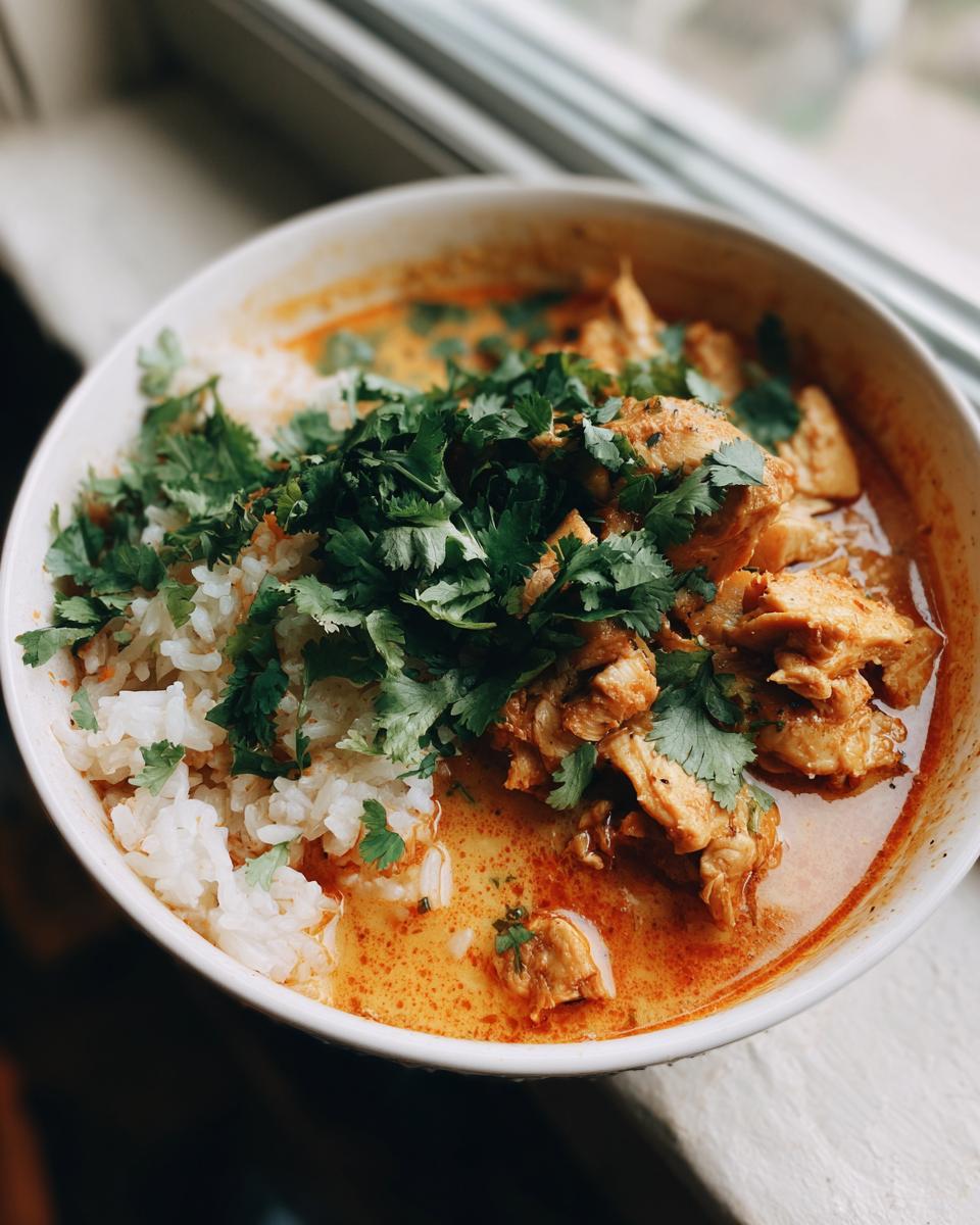 Eine Schüssel mit cremiger Curry-Kokos-Suppe, Hähnchenstücken, Reis und frischem Koriander.
