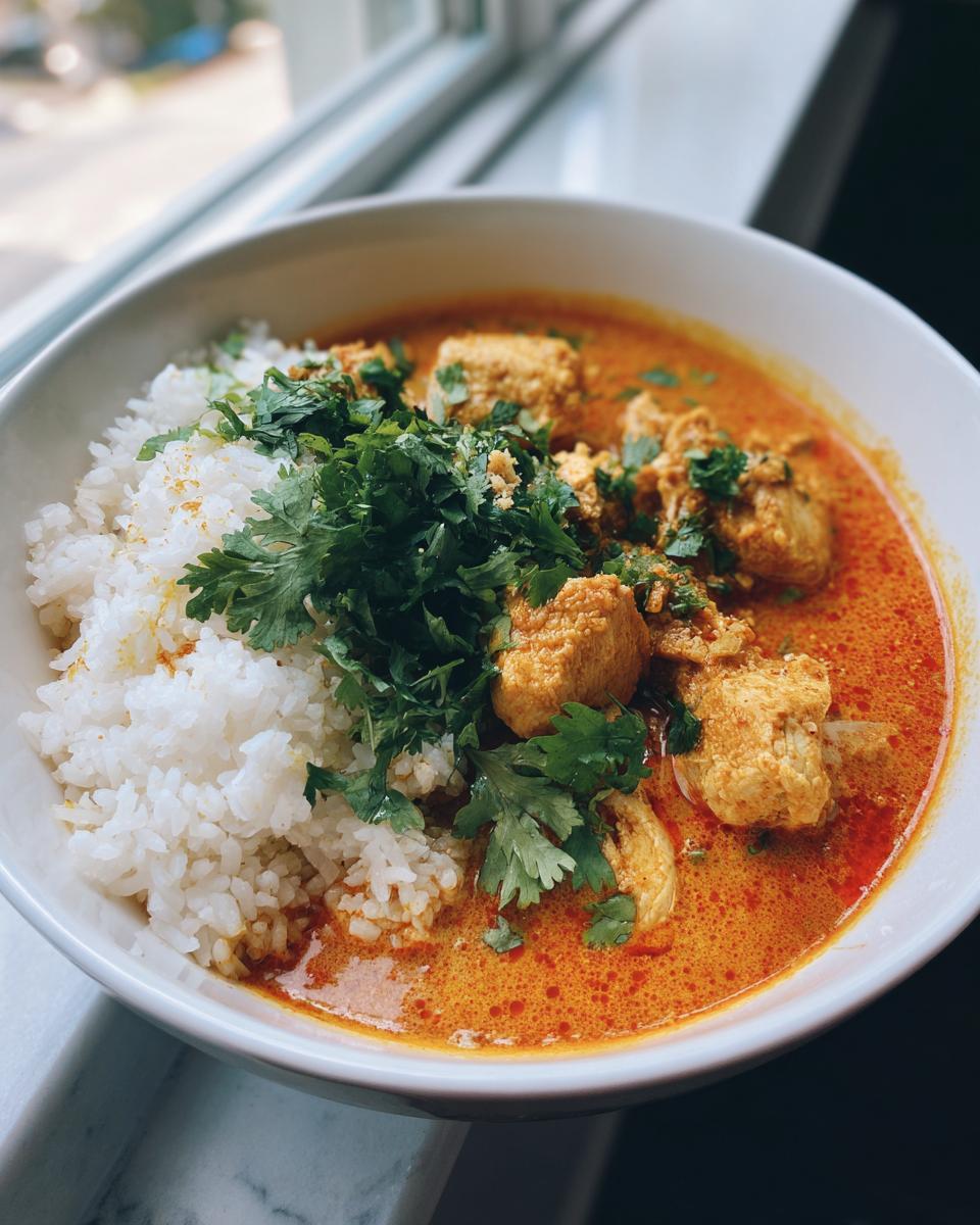 Eine Schüssel mit dampfender Curry-Kokos-Suppe mit Hähnchenstücken, Reis und frischem Koriander.