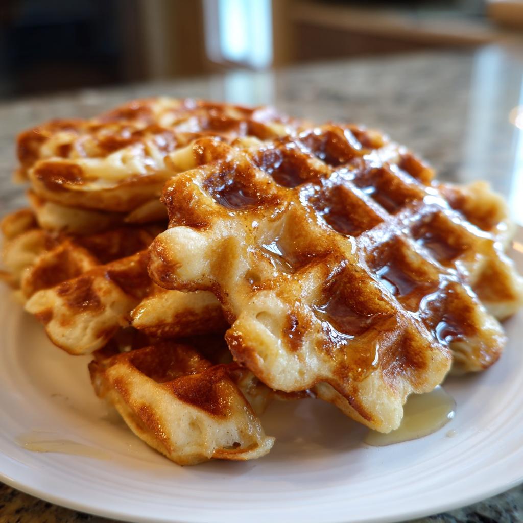 Ein Stapel goldbrauner Dinkel-Apfel-Waffeln, übergossen mit glänzendem Honig.