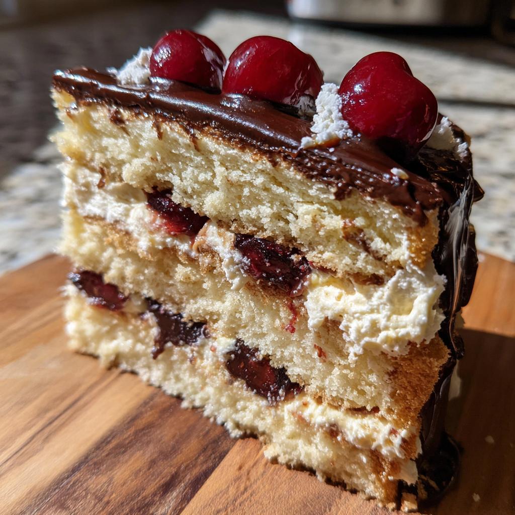 Ein saftiges Stück Donauwelle mit Buttercreme und Schokoguss, garniert mit Kirschen.