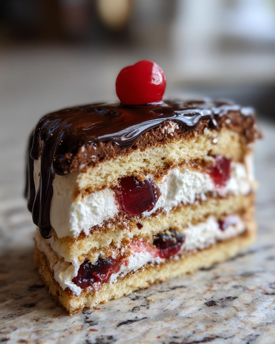 Ein saftiges Stück Donauwelle mit Buttercreme und Schokoguss, garniert mit einer Kirsche.