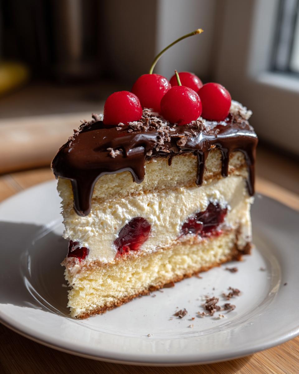 Ein köstliches Stück Donauwelle mit Buttercreme, Kirschen und Schokoguss, garniert mit Kirschen.