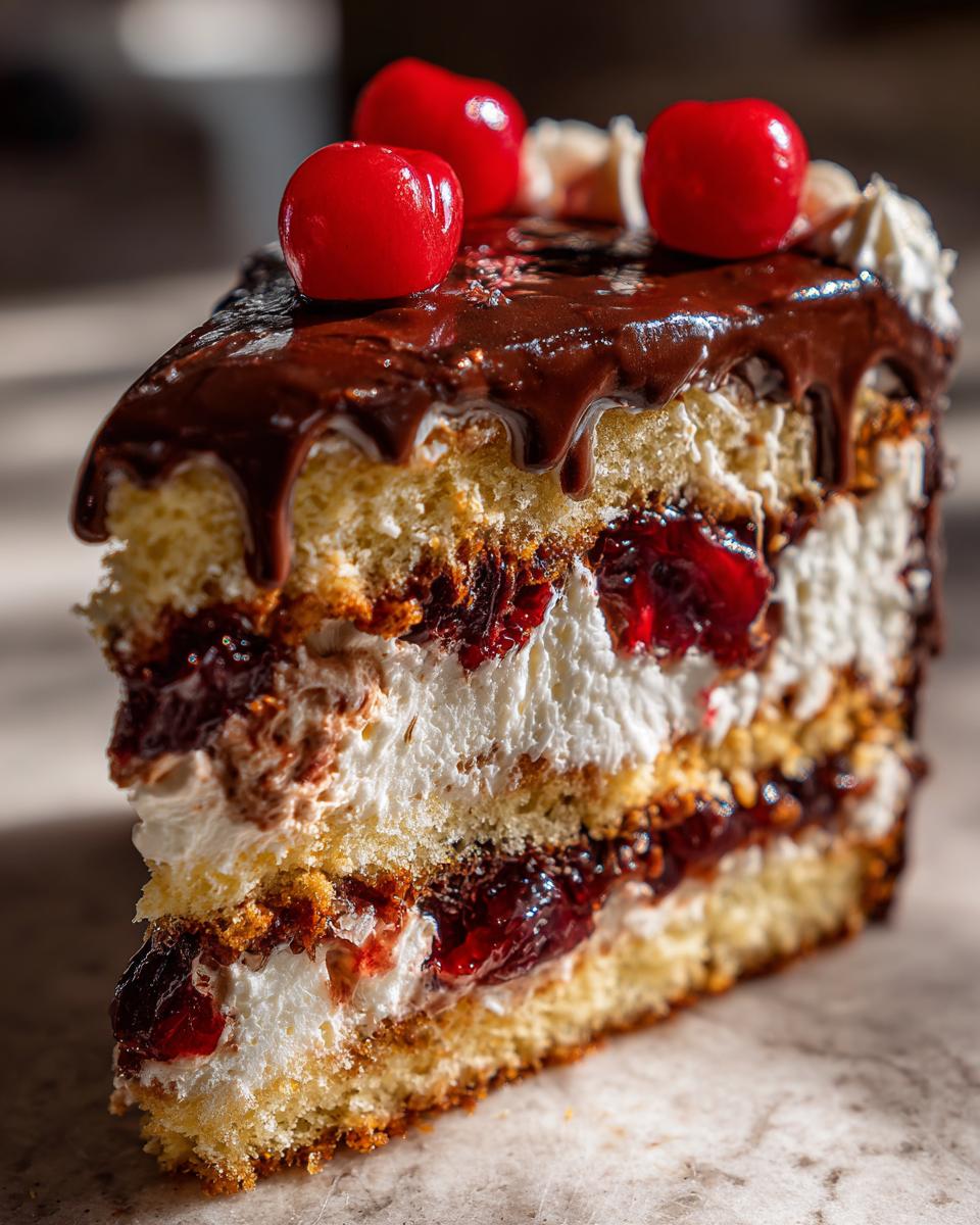 Ein saftiges Stück Donauwelle mit Buttercreme, Kirschen und Schokoguss, garniert mit Kirschen.
