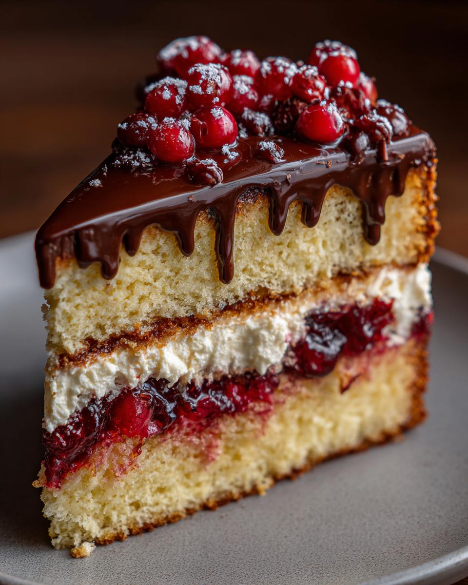 Ein saftiges Stück Donauwelle mit Buttercreme, Schokoladenglasur und Kirschen, bestäubt mit Puderzucker.