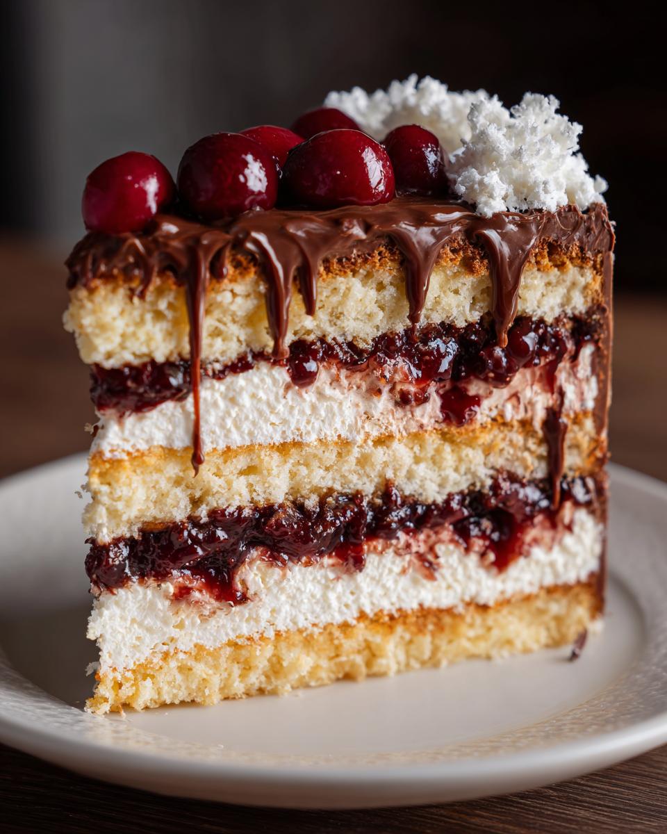 Ein saftiges Stück Donauwelle mit Buttercreme, Kirschen und Schokoladenguss auf einem Teller.